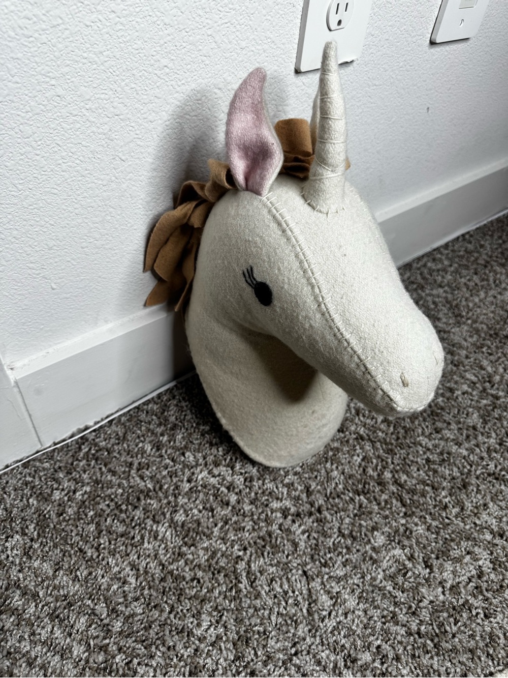 Plush Unicorn Wall Mount - Cream with Pink Ears - Picture 2 of 4